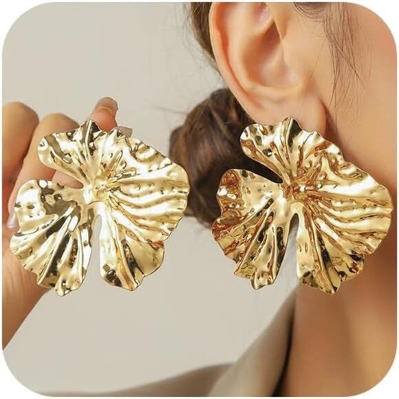 Chunky Gold Ginkgo Leaf Earrings | Oversized Floral Studs - Picture 1 of 4